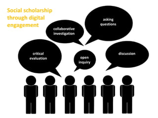 discussioncritical
evaluation
collaborative
investigation
asking
questions
open
inquiry
Social scholarship
through digital
engagement
 