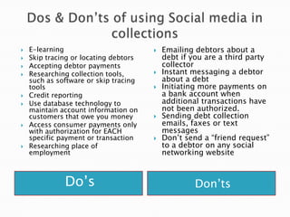 Dos & Don’ts of using Social media in collectionsDo’sDon’tsE-learningSkip tracing or locating debtorsAccepting debtor paymentsResearching collection tools, such as software or skip tracing toolsCredit reportingUse database technology to maintain account information on customers that owe you moneyAccess consumer payments only with authorization for EACH specific payment or transactionResearching place of employmentEmailing debtors about a debt if you are a third party collectorInstant messaging a debtor about a debtInitiating more payments on a bank account when additional transactions have not been authorized.Sending debt collection emails, faxes or text messagesDon’t send a “friend request” to a debtor on any social networking website