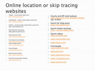 Online location or skip tracing websitesTweepz – online twitter search toolhttp://www.tweepz.com/TweepSearch – another online twitter search toolhttp://tweepsearch.com/Twellow – and yet another online twitter search toolhttp://www.twellow.com/Public Records informationwww.publicrecordsinfo.comPublic Records Finderwww.publicrecordfinder.comFree Federal Court Docketswww.freecourtdockets.comYahoo! People Searchhttp://people.yahoo.comFind birthdateswww.birthdatabase.com Better Business Bureauhttp://welcome.bbb.org Social Security Number Validatorwww.ssnvalidator.comCounty and ZIP code lookupswww.usps.com/ncsc/lookups/lookup zip+4.htmlSearch for blog postswww.whostalkin.com Search twitter postingshttp://search.twitter.com Search videoswww.youtube.comwww.searchvideo.orgwww.blinkx.com Find people www.zoominfo.comwww.pipl.comwww.zabasearch.comwww.123people.comwww.isearch.com