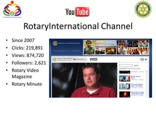 RotaryInternational Channel
• Since 2007
• Clicks: 219,891
• Views: 874,720
• Followers: 2,621
• Rotary Video
  Magazine
• Rotary Minute
 