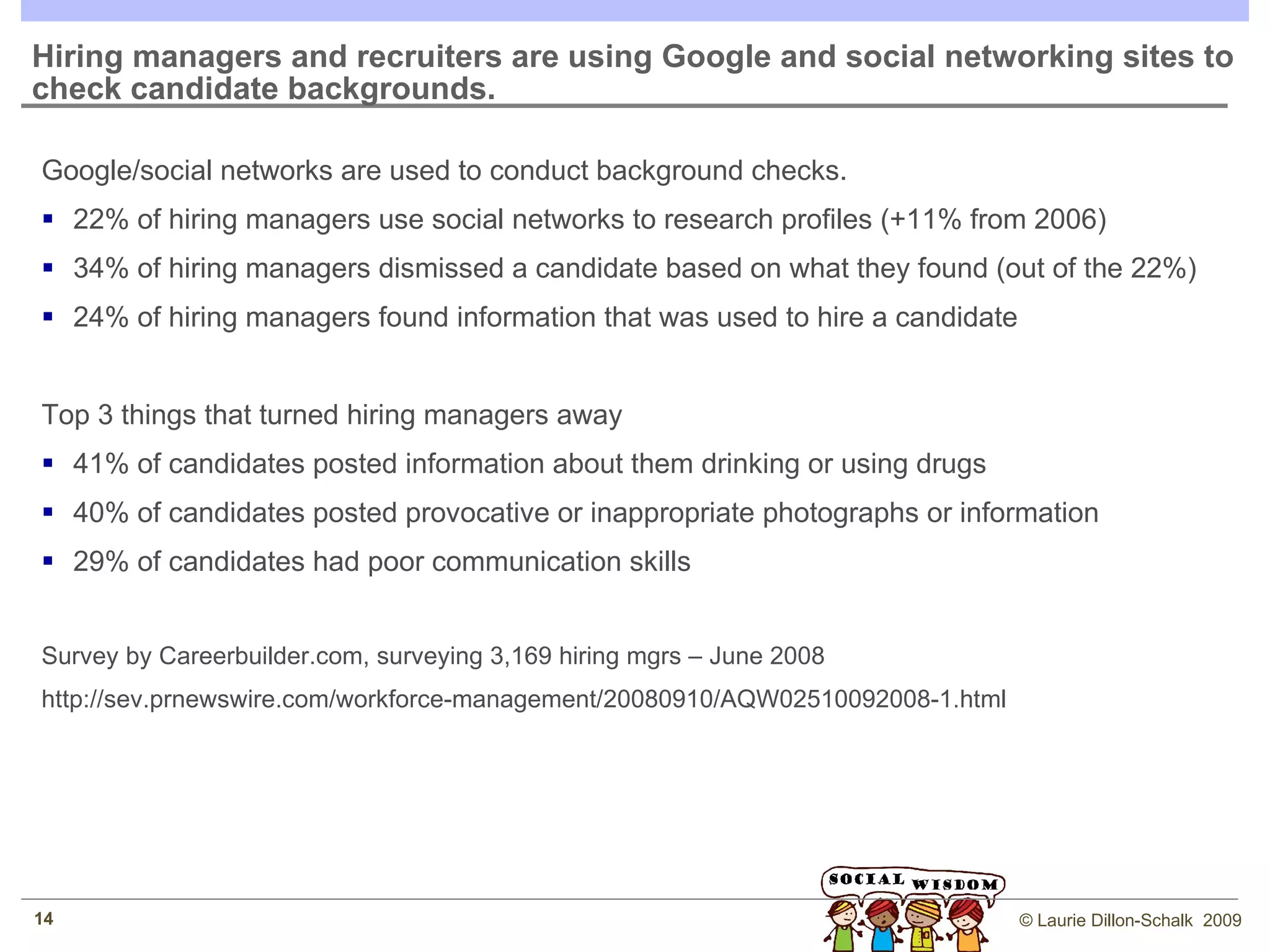 Are you socially savvy? Modified from: http://afinanceguy.com/2009/06/18/social-media-tutorial-facebook-twitter-linkedin-blog-readers-personal-branding/ Tweet & re-tweet min. once every two days Do you have a twitter account? (and use it) Social Networks Does it include Are you on Facebook? Photo up, privacy settings set to friends only 25+ contacts Are you on Linkedin? Profile is 100% complete Min 50+ contacts  Min 4 referrals (from at least two recent jobs) Belong to 3+ groups Answer questions Privacy settings – open Are you googleable? (I can find you) Top page results (put your name in “”) All positive information Do you read blogs? Yes – do you have an RSS feed?  Do you read up on employees from companies you like? Do you comment on blogs? Do you have a blog? Post min once a week 