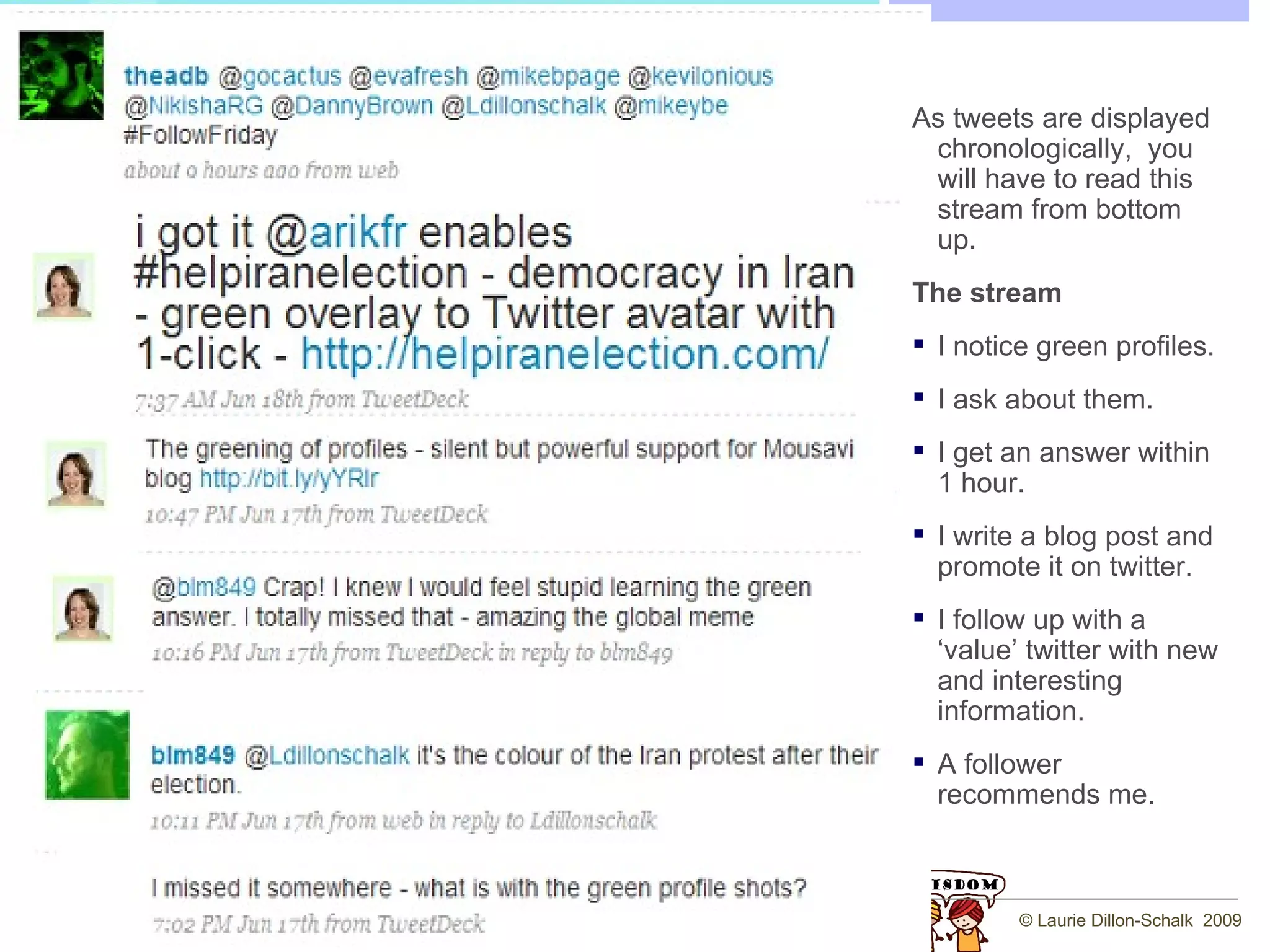 Twitter is a  free   social  messaging  utility for staying  connected  in  real time .  Messaging - “micro-blogging” -- all posts/updates [called 'tweets'] are 140 characters or less.    Connected - in twitter, its pretty simple.  You follow people [following] and people follow you [followers].     Real time - *huge*  Twitter offers as close to real time as it gets – giving out a constant stream of small information updates.   