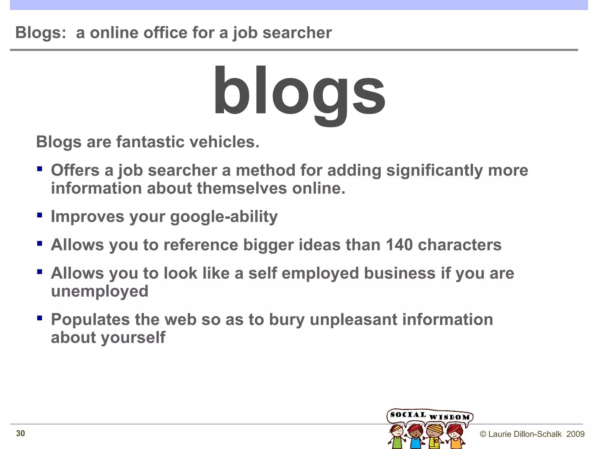 How it can work:  I’m not special!!!  This is happening to people who know how to use Social Networking Sites 235 followers 124 friends 218 connections Noticed an old friend got a new job.  Commented on his status.  Led to lunch.  He  suggests a job opportunity  not available on job boards. A connection of a connection notices my profile (online bio), sent me a message &  wants to collaborate on business , coffee meeting is next week.  Headhunter found my profile,  called me for a job  not posted on a board I answered a question, person who asked it liked my answer and wants to stay connected based on subject matter expertise Friends with my university pals.  One of them  needs freelance help  on a large quote to the government.  Asked for my resume. Staying connected with ex-ibmers.  One of which  passed a contract  to me, and another  passed this speaking opportunity . Nothing yet – but reconnected with people I worked with but didn’t have a huge relationship with.  Meeting people all over the world.  Global connections And more… 