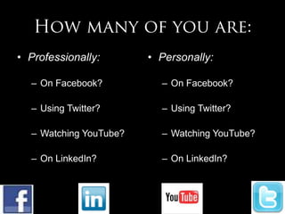 How many of you are:Personally:On Facebook?Using Twitter?Watching YouTube?On LinkedIn?Professionally:On Facebook?Using Twitter?Watching YouTube?On LinkedIn?