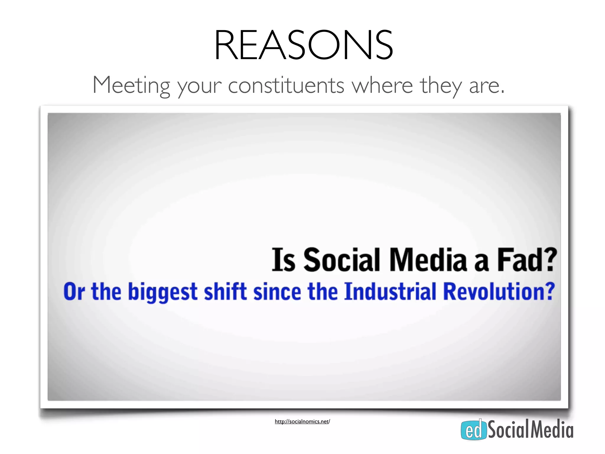REASONS
Meeting your constituents where they are.




                  http://socialnomics.net/
 