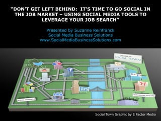“DON‟T GET LEFT BEHIND: IT‟S TIME TO GO SOCIAL IN
 THE JOB MARKET – USING SOCIAL MEDIA TOOLS TO
           LEVERAGE YOUR JOB SEARCH”

            Presented by Suzanne Reinfranck
             Social Media Business Solutions
          www.SocialMediaBusinessSolutions.com




                                  Social Town Graphic by E Factor Media
 