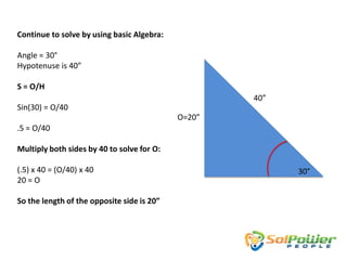 Continue to solve by using basic Algebra:

Angle = 30°
Hypotenuse is 40”

S = O/H
                                                    40”
Sin(30) = O/40
                                            O=20”
.5 = O/40

Multiply both sides by 40 to solve for O:

(.5) x 40 = (O/40) x 40                                   30°
20 = O

So the length of the opposite side is 20”
 