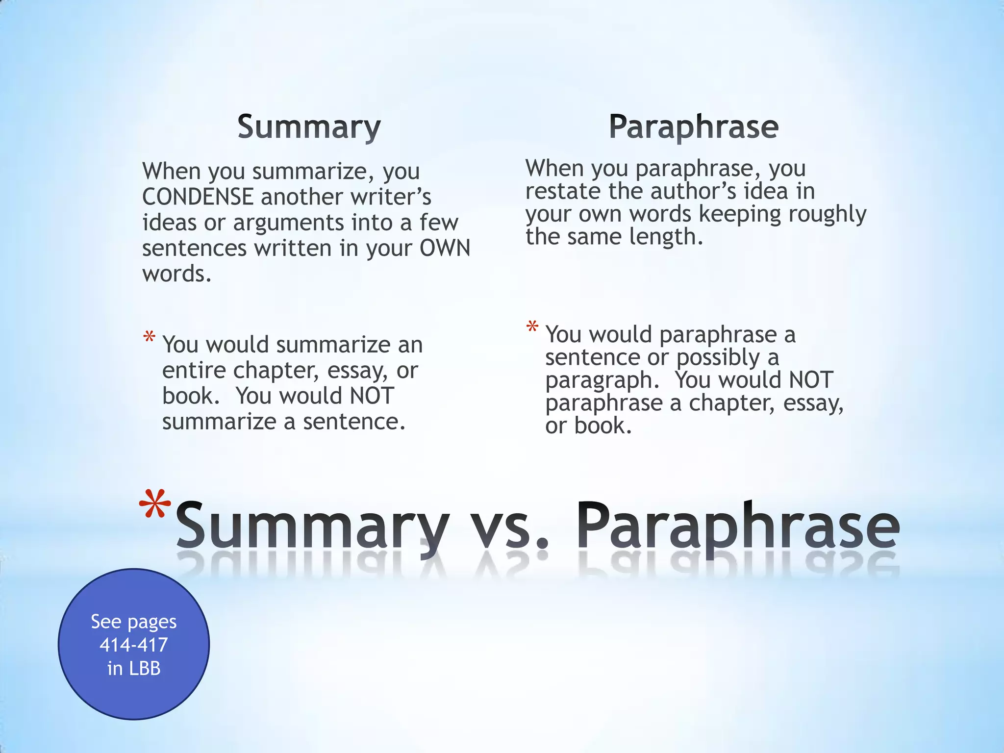 When you summarize, you         When you paraphrase, you
     CONDENSE another writer’s       restate the author’s idea in
     ideas or arguments into a few   your own words keeping roughly
     sentences written in your OWN   the same length.
     words.

     * You would summarize an        * You would paraphrase a
                                      sentence or possibly a
       entire chapter, essay, or      paragraph. You would NOT
       book. You would NOT            paraphrase a chapter, essay,
       summarize a sentence.          or book.



    *
See pages
 414-417
  in LBB
 