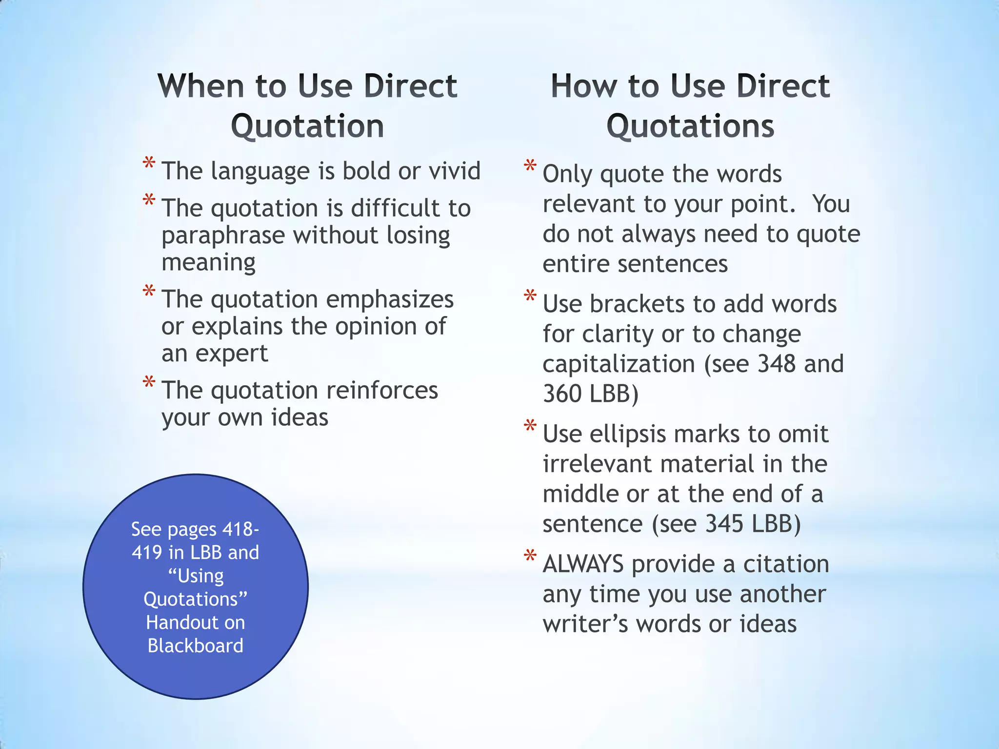 * The language is bold or vivid   * Only quote the words
 * The quotation is difficult to    relevant to your point. You
   paraphrase without losing        do not always need to quote
   meaning                          entire sentences
 * The quotation emphasizes        * Use brackets to add words
   or explains the opinion of       for clarity or to change
   an expert                        capitalization (see 348 and
 * The quotation reinforces         360 LBB)
   your own ideas
                                   * Use ellipsis marks to omit
                                    irrelevant material in the
                                    middle or at the end of a
See pages 418-                      sentence (see 345 LBB)
419 in LBB and
    “Using
                                   * ALWAYS provide a citation
 Quotations”                        any time you use another
 Handout on                         writer’s words or ideas
  Blackboard
 