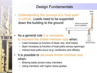 Design Fundamentals
                                                                         Roof

• Understanding the concept of a „load path‟
                                                                         Load


  is critical. Loads need to be supported
  down the building to the ground         Indirect Load path
                                                     due to cantilever




• As a general rule it is necessary
  to increase the timber member size when:
   – Load increases (a function of dead, live, wind loads)          Ground level

   – Span increases (a function of load paths across openings)
   – Indirect load paths occur (e.g. cantilevers and offsets)

• It is possible to decrease timber member size
  when:
   – Sharing loads across many members
   – Using members with higher stress grades
 