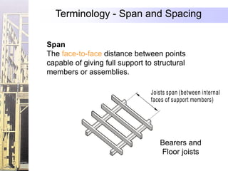 Terminology - Span and Spacing

       Span
       The face-to-face distance between points
       capable of giving full support to structural
       members or assemblies.

        Joists spacing                  Joists span (between internal
        (centre-line to                 faces of support members)
        centre-line)




                                           Bearers and
      Bearer spacing                       Floor joists
(centre-line to centre-line)
 