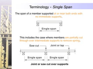 Terminology - Single Span
The span of a member supported at or near both ends with
                no immediate supports.



                      Single span


   This includes the case where members are partially cut
   through over intermediate supports to remove spring.
           Saw cut           Joint or lap



          Single span       Single span

             Joint or saw cut over supports
 