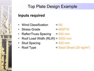 Top Plate Design Example

Inputs required

•   Wind Classification   = N2
•   Stress Grade          = MGP10
•   Rafter/Truss Spacing  = 900 mm
•   Roof Load Width (RLW) = 5000 mm
•   Stud Spacing          = 450 mm
•   Roof Type             = Steel Sheet (20 kg/m2)
 