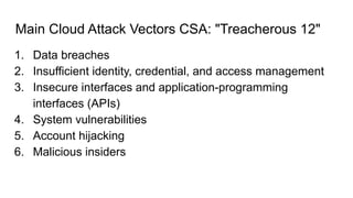 Main Cloud Attack Vectors CSA: "Treacherous 12"
1. Data breaches
2. Insufficient identity, credential, and access management
3. Insecure interfaces and application-programming
interfaces (APIs)
4. System vulnerabilities
5. Account hijacking
6. Malicious insiders
 