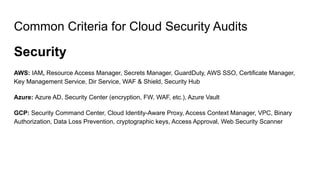 Common Criteria for Cloud Security Audits
Security
AWS: IAM, Resource Access Manager, Secrets Manager, GuardDuty, AWS SSO, Certificate Manager,
Key Management Service, Dir Service, WAF & Shield, Security Hub
Azure: Azure AD, Security Center (encryption, FW, WAF, etc.), Azure Vault
GCP: Security Command Center, Cloud Identity-Aware Proxy, Access Context Manager, VPC, Binary
Authorization, Data Loss Prevention, cryptographic keys, Access Approval, Web Security Scanner
 