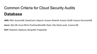 Common Criteria for Cloud Security Audits
Database
AWS: RDS, DynamoDB, ElastiCache, Neptune, Amazon Redshift, Amazon QLDB, Amazon DocumentDB
Azure: SQL DB, Azure DB for PostGres/MariaDB, Redis, SQL Elastic pools, Cosmos DB
GCP: Datastore, BigQuery, MongoDB, PostgreSQL
 
