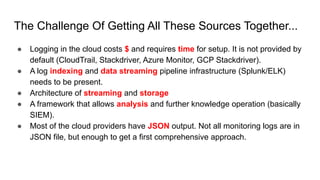 The Challenge Of Getting All These Sources Together...
● Logging in the cloud costs $ and requires time for setup. It is not provided by
default (CloudTrail, Stackdriver, Azure Monitor, GCP Stackdriver).
● A log indexing and data streaming pipeline infrastructure (Splunk/ELK)
needs to be present.
● Architecture of streaming and storage
● A framework that allows analysis and further knowledge operation (basically
SIEM).
● Most of the cloud providers have JSON output. Not all monitoring logs are in
JSON file, but enough to get a first comprehensive approach.
 