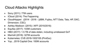 Cloud Attacks Highlights
● Sony (2011): 77M users
● ICloud (2014): The Fappening
● CloudHopper: (2014 - 2016 - )(IBM, Fujitsu, NTT Data, Tata, HP, DXC,
Dimension, CSC)
● Ashley Madison: (2015) / AFF (2015/2016)
● Equifax (2017): 143M customers
● HBO (2017): 1.5 TB of data stolen, including unreleased GoT
● Marriott (2018): 327M accounts
● Kubernetes: CVE-2018-1002105 (PrivEsc)
● Yup…2019 Capital One: 100M accounts
 