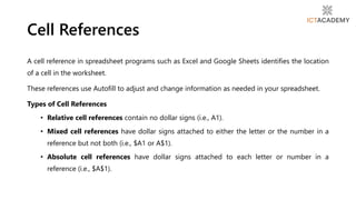 A cell reference in spreadsheet programs such as Excel and Google Sheets identifies the location
of a cell in the worksheet.
These references use Autofill to adjust and change information as needed in your spreadsheet.
Types of Cell References
• Relative cell references contain no dollar signs (i.e., A1).
• Mixed cell references have dollar signs attached to either the letter or the number in a
reference but not both (i.e., $A1 or A$1).
• Absolute cell references have dollar signs attached to each letter or number in a
reference (i.e., $A$1).
Cell References
 