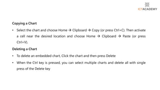 Copying a Chart
• Select the chart and choose Home  Clipboard  Copy (or press Ctrl+C). Then activate
a cell near the desired location and choose Home  Clipboard  Paste (or press
Ctrl+V).
Deleting a Chart
• To delete an embedded chart, Click the chart and then press Delete
• When the Ctrl key is pressed, you can select multiple charts and delete all with single
press of the Delete key
 