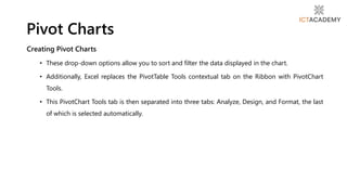 Creating Pivot Charts
• These drop-down options allow you to sort and filter the data displayed in the chart.
• Additionally, Excel replaces the PivotTable Tools contextual tab on the Ribbon with PivotChart
Tools.
• This PivotChart Tools tab is then separated into three tabs: Analyze, Design, and Format, the last
of which is selected automatically.
Pivot Charts
 