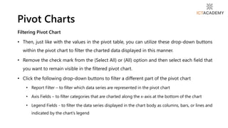 Filtering Pivot Chart
• Then, just like with the values in the pivot table, you can utilize these drop-down buttons
within the pivot chart to filter the charted data displayed in this manner.
• Remove the check mark from the (Select All) or (All) option and then select each field that
you want to remain visible in the filtered pivot chart.
• Click the following drop-down buttons to filter a different part of the pivot chart
• Report Filter – to filter which data series are represented in the pivot chart
• Axis Fields – to filter categories that are charted along the x-axis at the bottom of the chart
• Legend Fields - to filter the data series displayed in the chart body as columns, bars, or lines and
indicated by the chart's legend
Pivot Charts
 