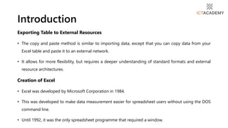 Exporting Table to External Resources
• The copy and paste method is similar to importing data, except that you can copy data from your
Excel table and paste it to an external network.
• It allows for more flexibility, but requires a deeper understanding of standard formats and external
resource architectures.
Creation of Excel
• Excel was developed by Microsoft Corporation in 1984.
• This was developed to make data measurement easier for spreadsheet users without using the DOS
command line.
• Until 1992, it was the only spreadsheet programme that required a window.
Introduction
 
