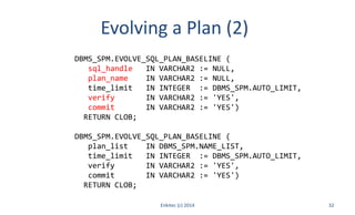Enkitec (c) 2014 32
DBMS_SPM.EVOLVE_SQL_PLAN_BASELINE (
sql_handle IN VARCHAR2 := NULL,
plan_name IN VARCHAR2 := NULL,
time_limit IN INTEGER := DBMS_SPM.AUTO_LIMIT,
verify IN VARCHAR2 := 'YES',
commit IN VARCHAR2 := 'YES')
RETURN CLOB;
DBMS_SPM.EVOLVE_SQL_PLAN_BASELINE (
plan_list IN DBMS_SPM.NAME_LIST,
time_limit IN INTEGER := DBMS_SPM.AUTO_LIMIT,
verify IN VARCHAR2 := 'YES',
commit IN VARCHAR2 := 'YES')
RETURN CLOB;
Evolving a Plan (2)
 