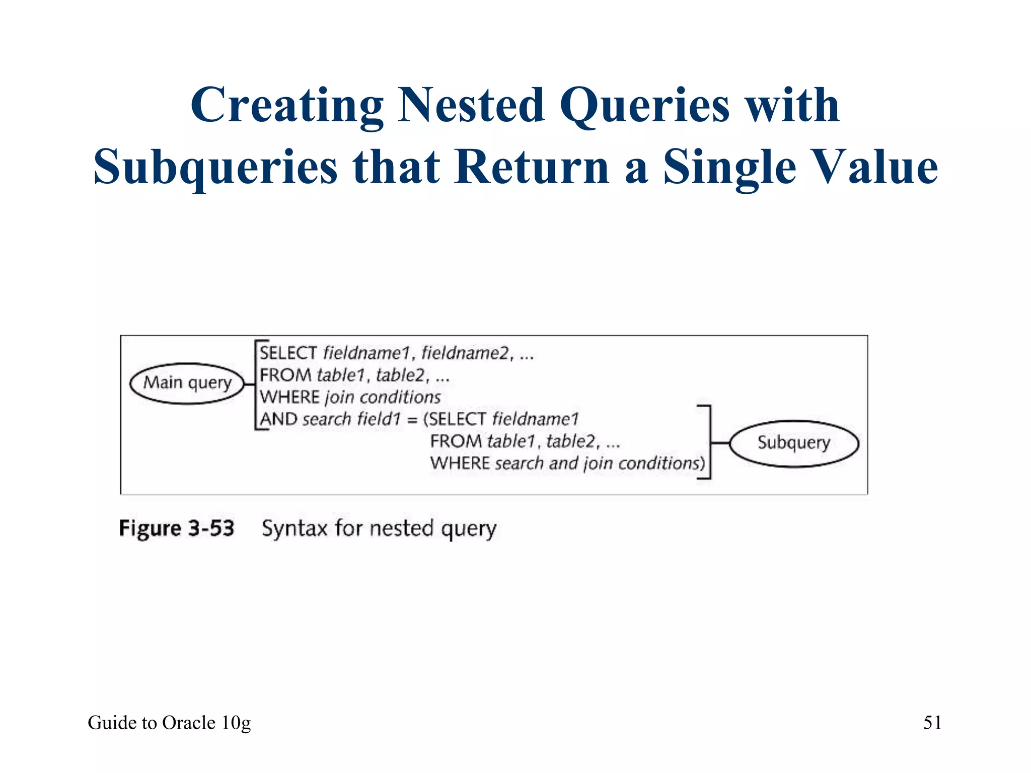 Guide to Oracle 10g 51
Creating Nested Queries with
Subqueries that Return a Single Value
 