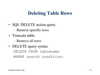 Guide to Oracle 10g 16
Deleting Table Rows
• SQL DELETE action query
– Remove specific rows
• Truncate table
– Remove all rows
• DELETE query syntax
DELETE FROM tablename
WHERE search condition;
 
