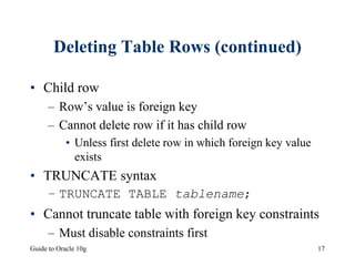 Guide to Oracle 10g 17
Deleting Table Rows (continued)
• Child row
– Row’s value is foreign key
– Cannot delete row if it has child row
• Unless first delete row in which foreign key value
exists
• TRUNCATE syntax
– TRUNCATE TABLE tablename;
• Cannot truncate table with foreign key constraints
– Must disable constraints first
 