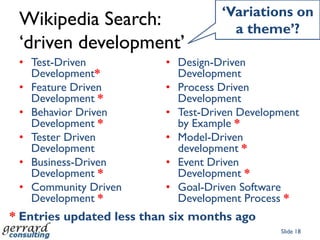 Scenario outlines allow scenarios to be data-drivenSlide 14Feature: Log in process As a system user In order to protect the system  I want accounts to be protected with secure credentialsScenario: log in process  Given the home page login screen  When i enter an Email address: <email>    and i enter the password: <password>    and <check> the “remember me” check box    and click the submit button  Then the system <logsmein>    and the system displays <display>Examples:email        | password        | check    | logsmein                | displayvalid email  | valid password  | check on | logs me in               | home pageno email     | anything        | anything | rejects the email address| “invalid email”invalid email| anything        | anything | rejects the email address| “invalid email”valid email  | invalid password| anything | rejects the password     | “invalid password”