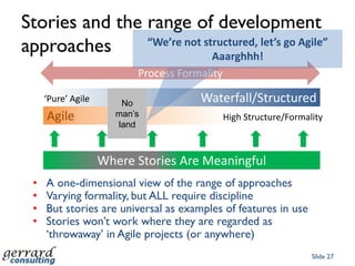 Behaviour-Driven – structured story to code using today’s toolsSlide 23The stories are captured as plain text, code or htmlThe Test code is generated by a tool from the storiesThe StoryThe TestThe Software