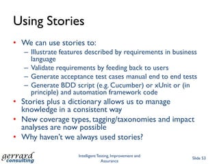 Accessing Testela BETANetwork: checkout the posters on the wallsAccessing Testela through your browserAccount details:	“usernnn@testela.com” password: “password”nnn is 001–100 – I’ll allocate numbers to youWhen you log in, click ‘edit profile’ and change your details (and change password too perhaps)Intelligent Testing, Improvement and AssuranceSlide 43