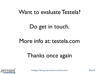 Features we’ll use todayRequirementsStoriesScenariosDictionaryExport Feature/ScenariosExport Unit TestsIntelligent Testing, Improvement and AssuranceSlide 44