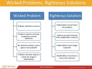 Wicked Problems, Righteous Solutions 
www.conteneo.co 
© Copyright 2014 Conteneo, Inc. 7 
Wicked Problem 
Problem definition unclear 
Problem solution involves 
competing cultural 
elements 
No optimal solution; every 
option has tradeoffs 
Problem solution requires 
action by range of 
stakeholders 
Righteous Solution 
Stakeholders must frame 
the problem 
Options must be derived 
from stakeholder concerns 
Stakeholders must weigh 
tradeoffs 
Stakeholders must have a 
role in the solution 
 