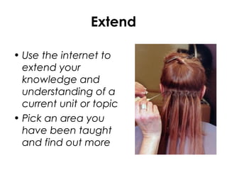 Extend
• Use the internet to
extend your
knowledge and
understanding of a
current unit or topic
• Pick an area you
have been taught
and find out more
 