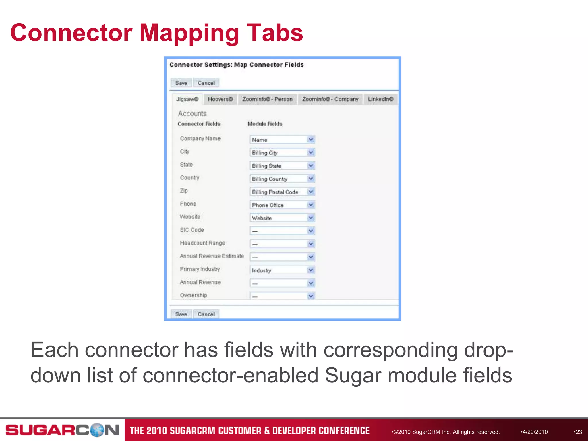 Connector Mapping Tabs©2010 SugarCRM Inc. All rights reserved.Each connector has fields with corresponding drop-down list of connector-enabled Sugar module fields4/13/201023