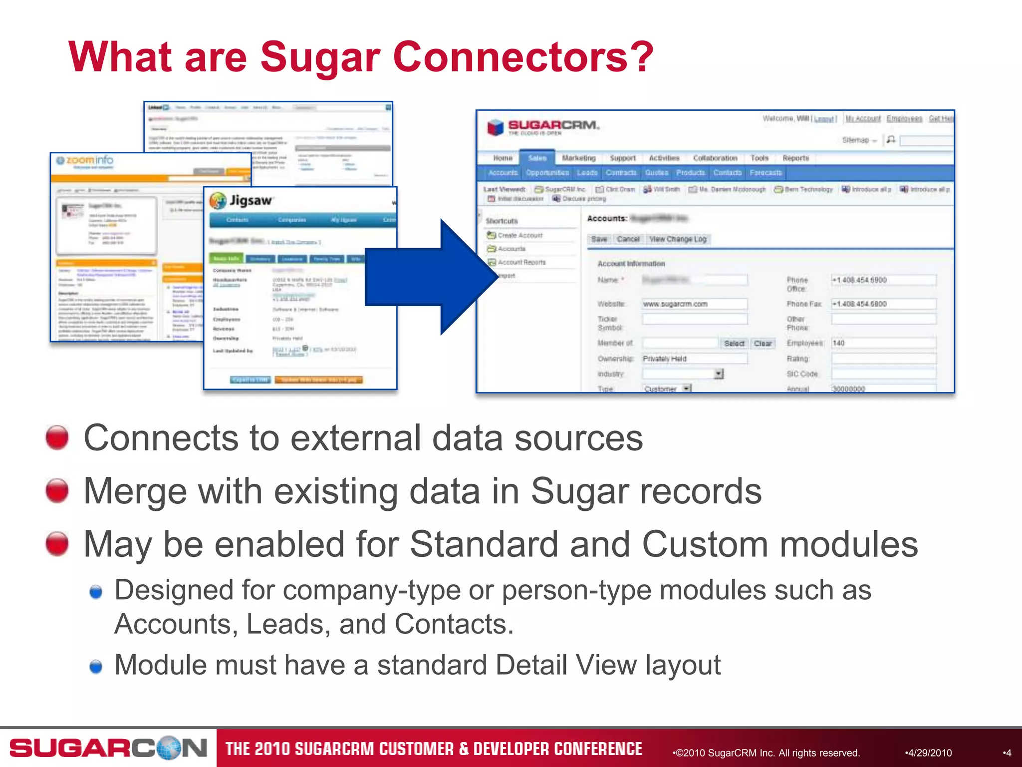 What are Sugar Connectors?4/13/2010©2010 SugarCRM Inc. All rights reserved.4Connects to external data sourcesMerge with existing data in Sugar recordsMay be enabled for Standard and Custom modulesDesigned for company-type or person-type modules such as Accounts, Leads, and Contacts. Module must have a standard Detail View layout