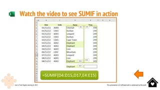 This presentation isn’t affiliated with or authorised by Microsoft
Just in Time Digital Learning © 2022
Watch the video to see SUMIF in action
 