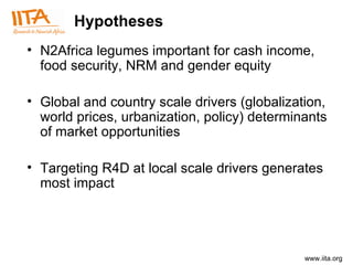 Hypotheses N2Africa legumes important for cash income, food security, NRM and gender equity Global and country scale drivers (globalization, world prices, urbanization, policy) determinants of market opportunities Targeting R4D at local scale drivers generates most impact 