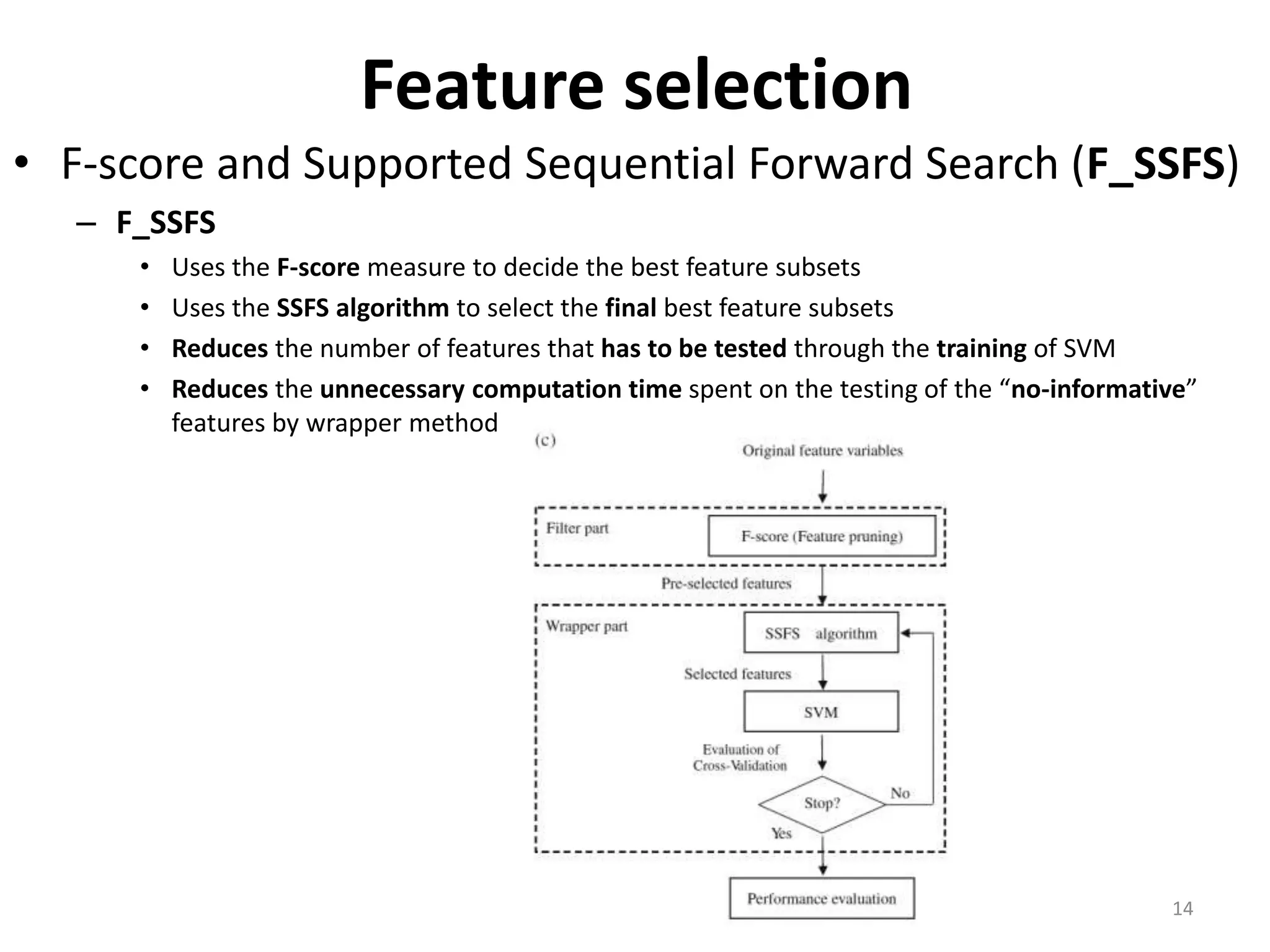 Feature selection • F-score and Supported Sequential Forward Search (F_SSFS) – F_SSFS • Uses the F-score measure to decide the best feature subsets • Uses the SSFS algorithm to select the final best feature subsets • Reduces the number of features that has to be tested through the training of SVM • Reduces the unnecessary computation time spent on the testing of the “no-informative” features by wrapper method 14 