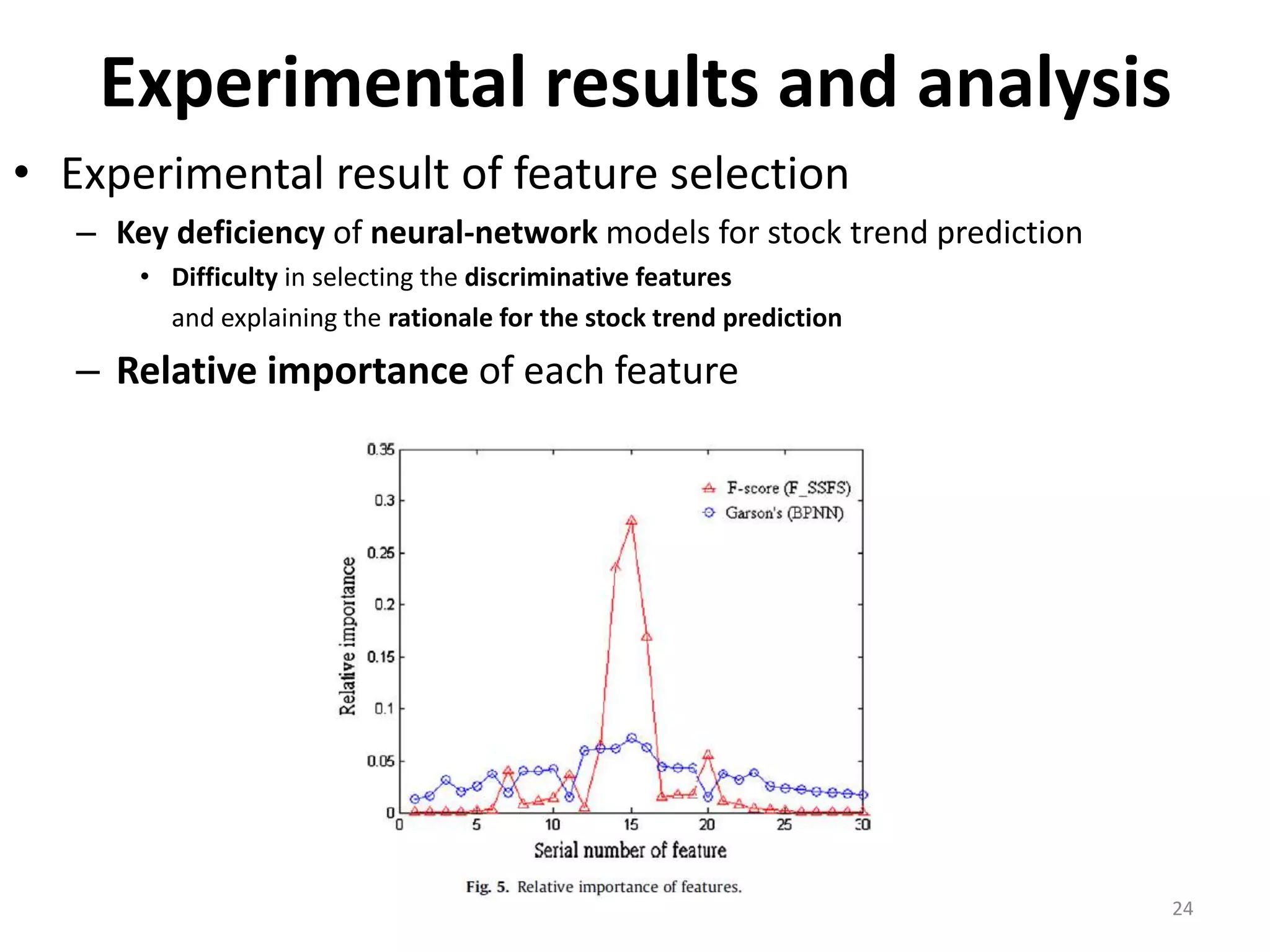 Experimental results and analysis • Experimental result of feature selection – Key deficiency of neural-network models for stock trend prediction • Difficulty in selecting the discriminative features and explaining the rationale for the stock trend prediction – Relative importance of each feature 24 