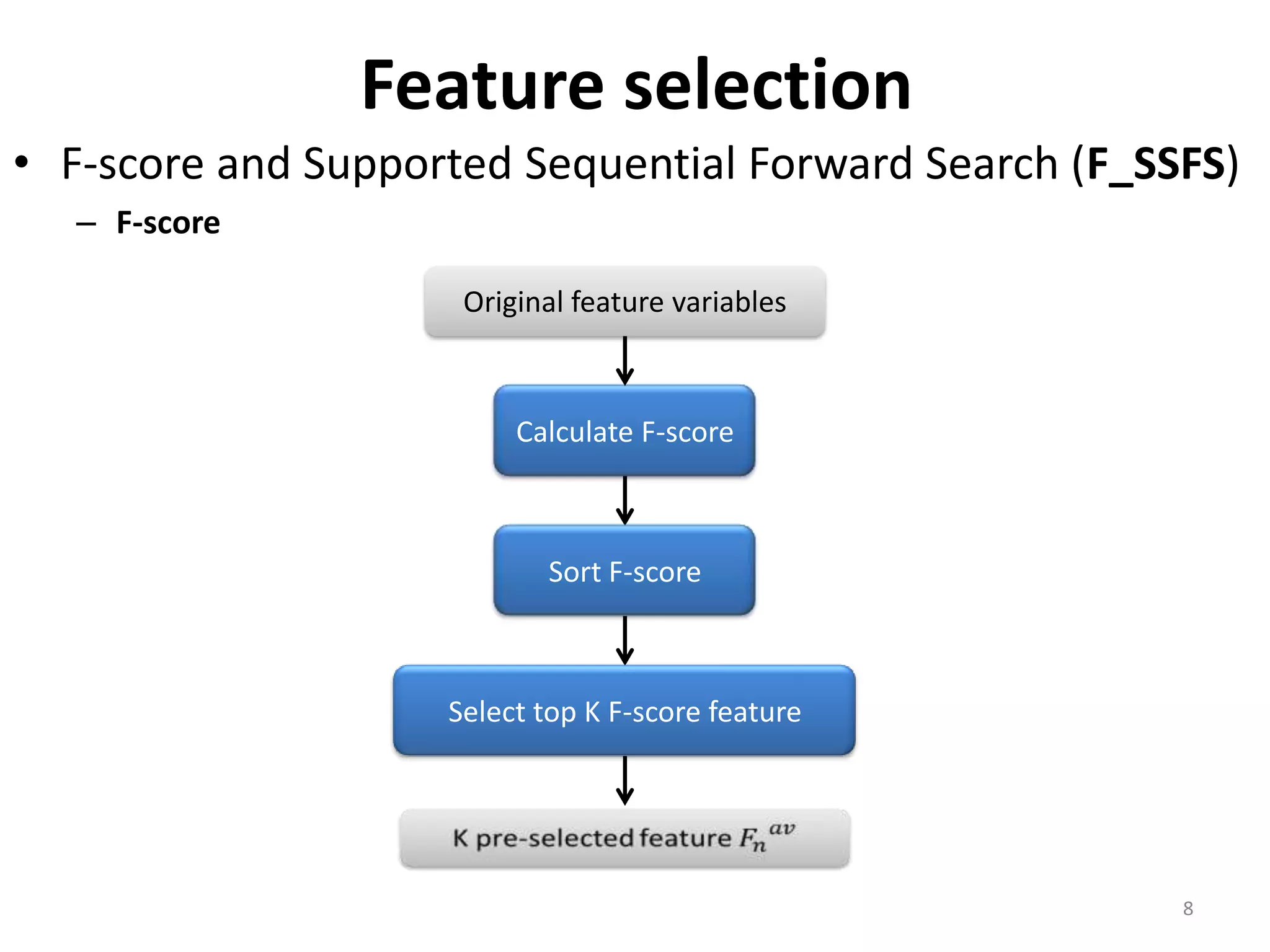 Feature selection • F-score and Supported Sequential Forward Search (F_SSFS) – F-score Original feature variables Calculate F-score Sort F-score Select top K F-score feature 8 