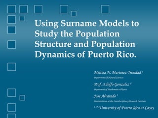 Using Surname Models to Study the Population Structure and Population Dynamics of Puerto Rico. Melissa N. Martinez Trinidad  1 Department Of Natural Sciences Prof. Adolfo Gonzalez  1* Department of Mathematics-Physics Jose Alvarado  2 Biostatistician at the Interdisciplinary Research Institute 1,1*,2 University of Puerto Rico at Cayey 