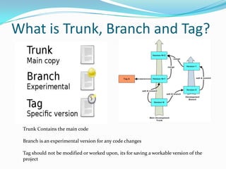 What is Trunk, Branch and Tag?

Trunk Contains the main code
Branch is an experimental version for any code changes
Tag should not be modified or worked upon, its for saving a workable version of the
project

 