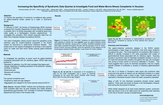 Increasing the Specificity of Syndromic Data Queries to Investigate Food and Water-Borne Illness Complaints in Houston Olushola Adeleye, MD, MPH.  1 , Mary Carvalho, MPH.  1 , Melissa Halm, MPH.  1 , Anthony Eshofonie, MD, MPH.  1 , Arnulfo C. Rosario Jr., MD, MPH  2 , Debo Awosika-Olumo, MD, MS, MPH  1 .  1  Bureau of Epidemiology and  2 Information Systems Bureau, Office of Surveillance and Public Health Preparedness, Houston Department of Health and Human Services Objective To improve the specificity of syndromic surveillance data queries for gastro-intestinal illness caused by a water or food-borne illness.  Background In February of 2007, the Bureau of Epidemiology (BOE) received a request from Houston Department of Public Works to investigate a possible rise in GI illness associated with complaints about poor water quality in a Northeastern Houston neighborhood.  To investigate this complaint, BOE utilized syndromic data from our Real-Time Outbreak Disease Surveillance (RODS).  The initial investigation raised concern about the specificity of the definition used for Gastro-Intestinal complaints in the RODS system for food-borne or water-borne infectious disease.  This project built on the original investigation to develop a more specific query for water and food borne illness causing gastro-intestinal illness.   ,[object Object],[object Object],[object Object],[object Object],[object Object],[object Object],[object Object],[object Object],[object Object],[object Object],Figure 3a, 3b, 4a and 4b:  A comparison of GI complaints as used for the initial investigation and a query of Diarrheal complaints for the same time period (October 2006 through March 2007) by area and by age category  Summary and Conclusion The gastro-intestinal syndrome category in the RODS system encompasses a large range of complaints, that show large variations throughout the year.  This broad spectrum of complaints often makes it difficult to identify increases in ED visits associated with cluster of gastrointestinal illness associated with an infectious agent.  Querying Houston’s syndromic data for  Diarrheal complaints  resulted in count of ED visits that showed less variation throughout the year and increased only during a known period of norovirus outbreaks in Houston.  This result suggests that a query for diarrheal complaints, may be a highly  specific  indicator of outbreaks or clusters of infectious gastrointestinal illness.  The rise in GI illness in Houston’s case report and syndromic data during the time period of interest can be attributed primarily to a spike in illness in children under 4 years of age. These increases were not replicated in Northeast Houston where the water complaints originated. Maps of both GI and Diarrheal complaints showed similar spatial patterns. There were low levels of illness in the Northeastern Houston area during the time period of interest.  While initially designed as an early event detection system, syndromic data has proven to be a rich data source for supporting case reporting in the City of Houston, Bureau of Epidemiology.  Acknowledgements Dr. Jeremy Espino of General Biodefense University of Pittsburg RODS Laboratory GIS Department, HDHHS Figure 5a and 5b:  A comparison of Gastrointestinal complaints and Diarrheal ED complaints by zipcode of home address from January – March 2007.  Figure 2:  GI Illness ED visits in RODS. Variations on Gastrointestinal Illness were graphed to identify the most  specific  query for gastro-intestinal illness associated with diarrhea, nausea and/or vomiting.  Diarrheal complaint  counts were highly consistent throughout the year with the exception of the ’07 winter, during a known norovirus outbreak. Given the specificity of this category for the known gastro-intestinal illness outbreak, it was chosen for further analysis. Results Norovirus Outbreaks Norovirus Outbreaks 