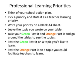 Professional Learning Priorities
• Think of your school action plan.
• Pick a priority and state it as a teacher learning
  priority.
• Write your priority on a blank A4 sheet.
• Leave the topic you wrote on your table.
• Take your Green Post it and Orange Post it and go
  around the tables to see the topics.
• Post the Green Post it on a topic you’d like to
  learn.
• Post the Orange Post it on a topic you could
  facilitate teachers to learn.
 