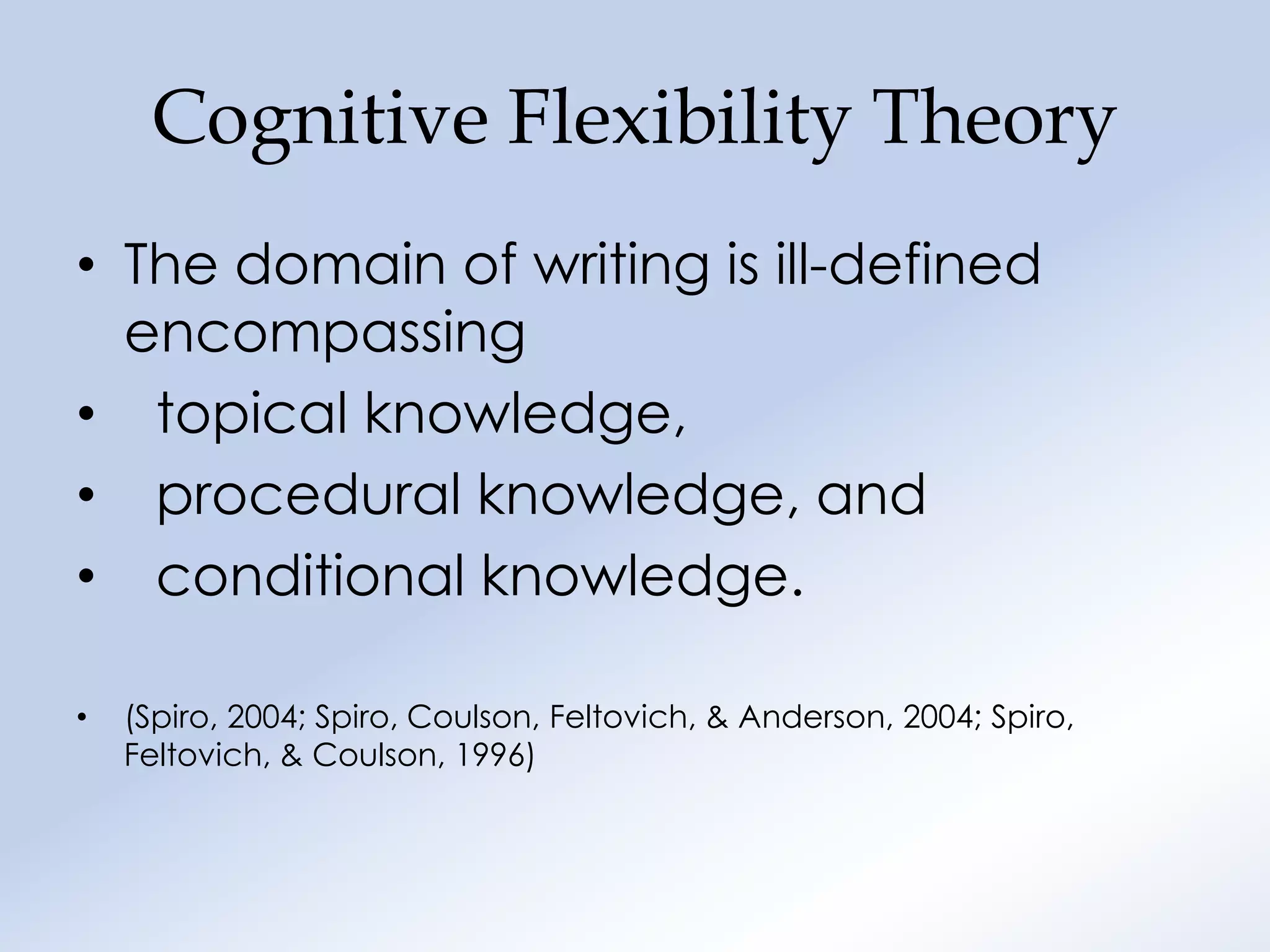 Cognitive Flexibility Theory
• The domain of writing is ill-defined
  encompassing
• topical knowledge,
• procedural knowledge, and
• conditional knowledge.

•   (Spiro, 2004; Spiro, Coulson, Feltovich, & Anderson, 2004; Spiro,
    Feltovich, & Coulson, 1996)
 