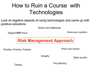 How to Ruin a Course  with Technologies Look at negative aspects of using technologies and came up with positive soloutions Risk Management Approach Practice, Practice, Practice Share and collaborate Support  NOT  focus Know your lesson Know your systems Back up plan Testing Pre planning Simplify 